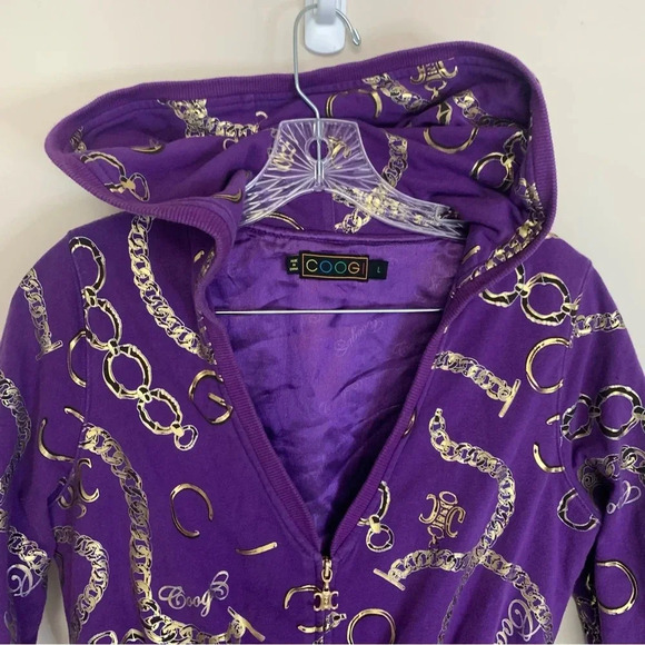 Coogi Purple Gold Short Sleeve Hooded Zip Up Bling Y2K Long  Zip Hoodie L - Picture 7 of 15